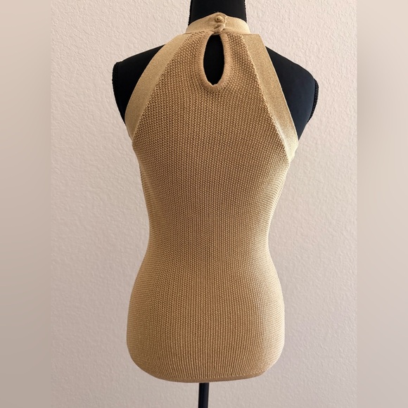 INC Gold Sparkly Halter Top | Silk Cotton Ribbed Knit Crossover Neck Blouse - Picture 4 of 6